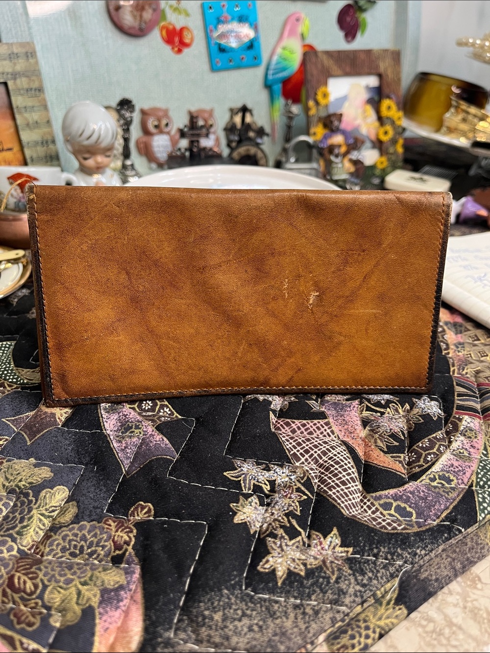 Vintage Amity Cowhide Leather Checkbook Wallet Brown Long Billfold Organizer